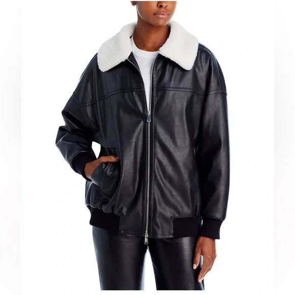 4TH & RECKLESS Vegan Leather Black Bomber Jacket with Faux Fur trim XS - Picture 2 of 5